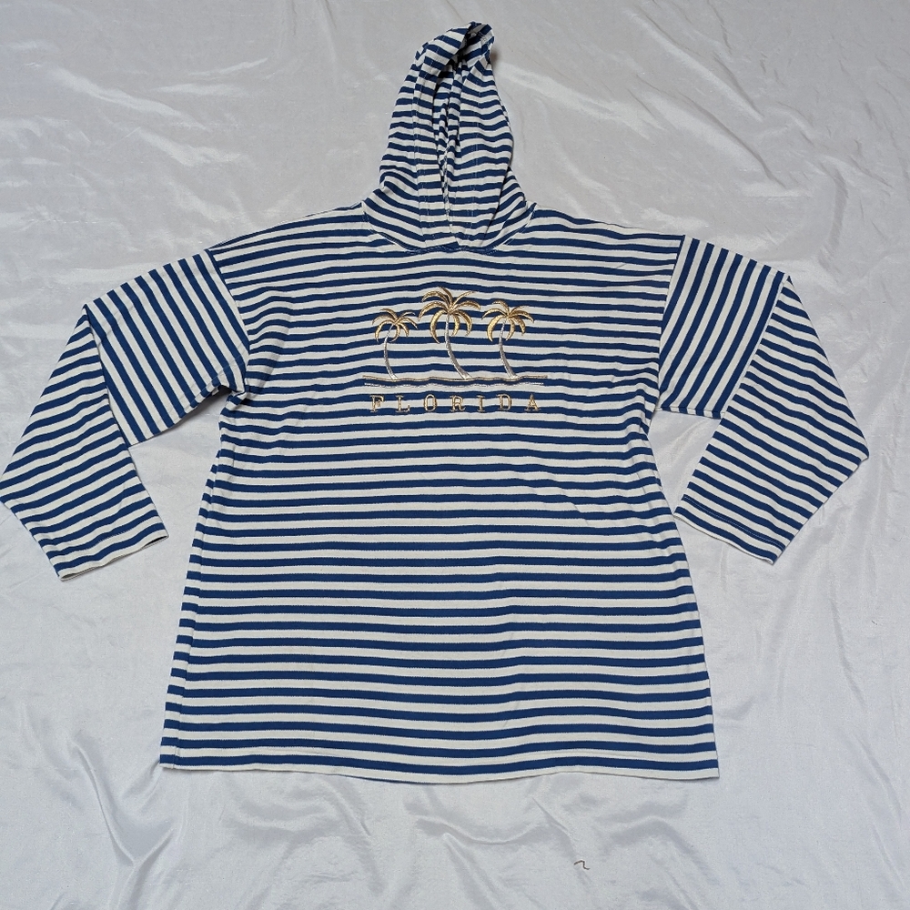 Vintage Y2K Florida Palm Trees Navy & White Stripe Hooded Long Sleeve Top